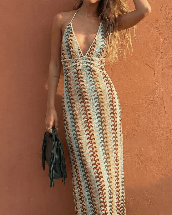 Retro Multi Stripe Print Halter Knit Maxi Dress OMFORT