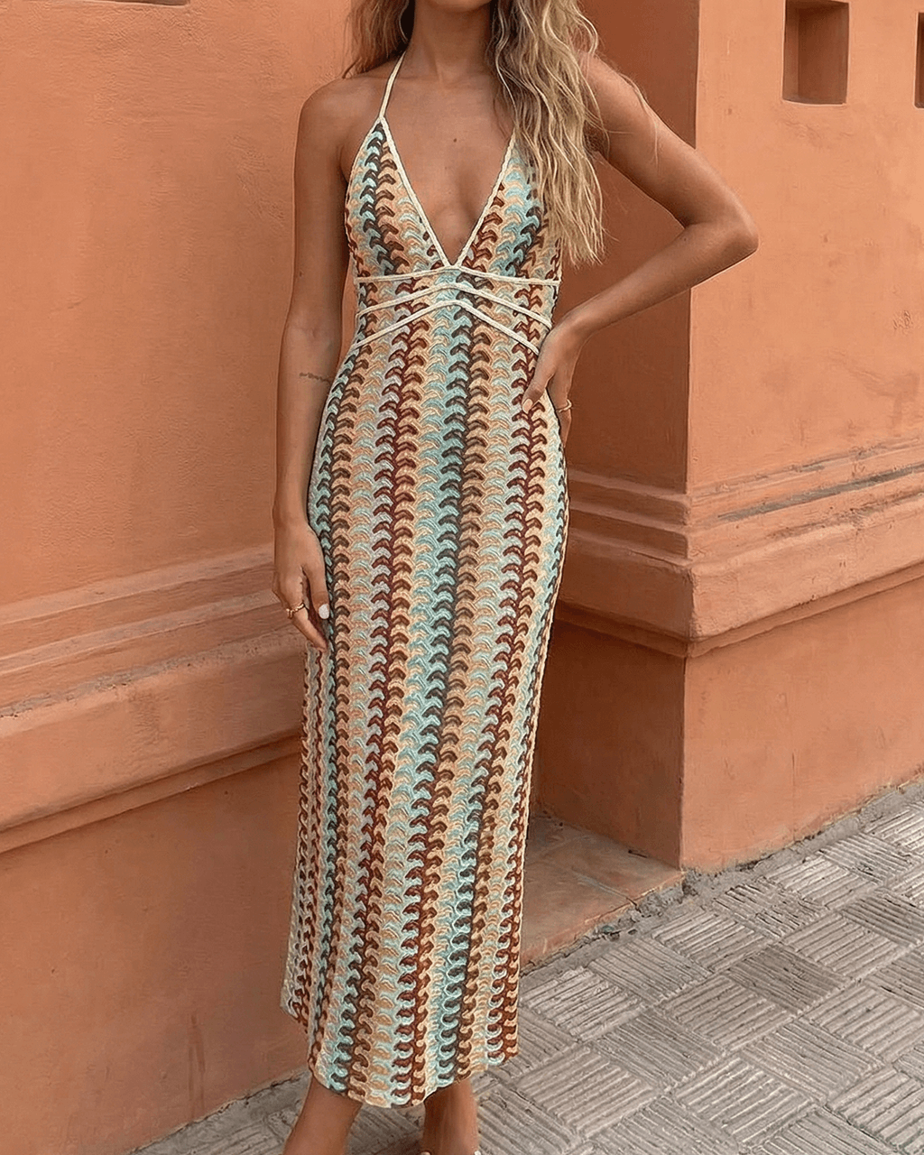 Retro Multi Stripe Print Halter Knit Maxi Dress OMFORT