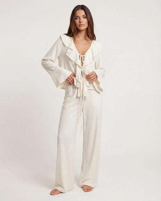 Ruffled Trim Tie Up Top And Pants Lounge Set - OMFORT