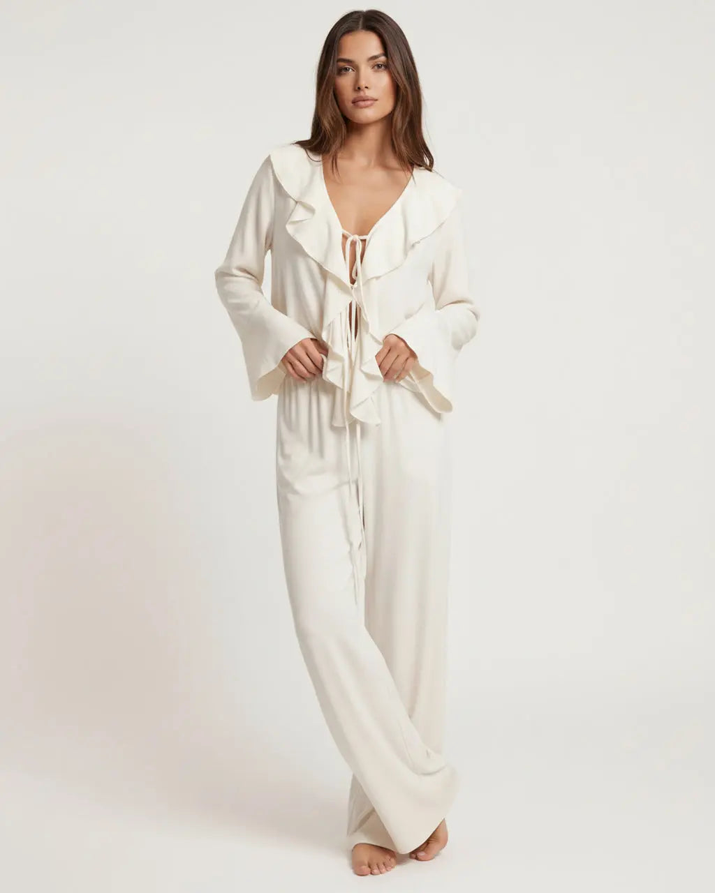 Ruffled Trim Tie Up Top And Pants Lounge Set - OMFORT