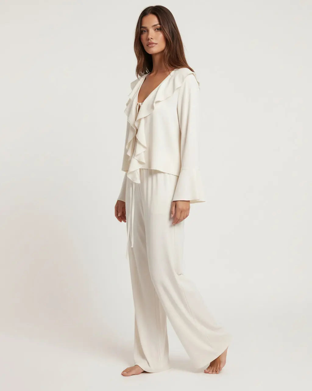 Ruffled Trim Tie Up Top And Pants Lounge Set - OMFORT