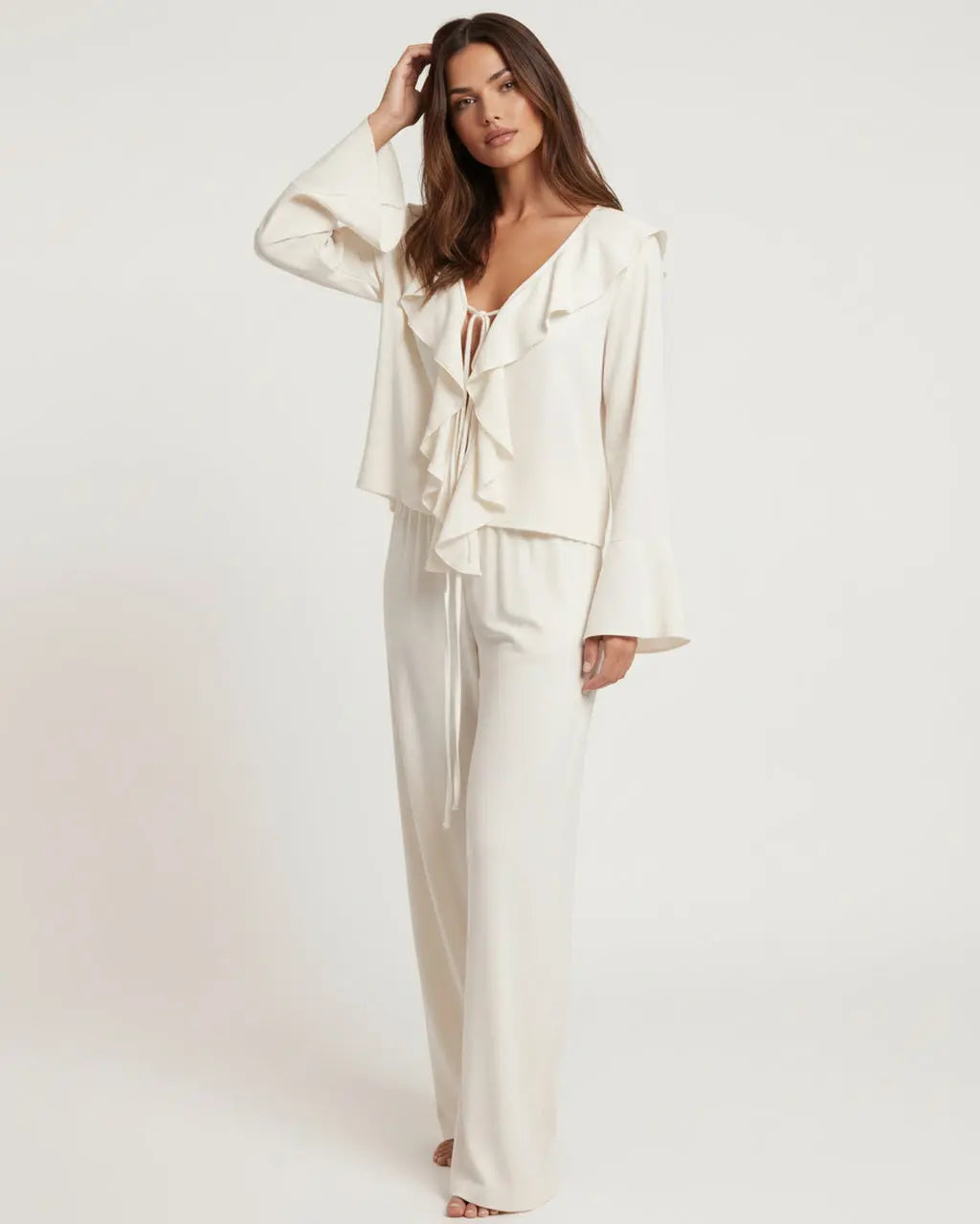 Ruffled Trim Tie Up Top And Pants Lounge Set - OMFORT