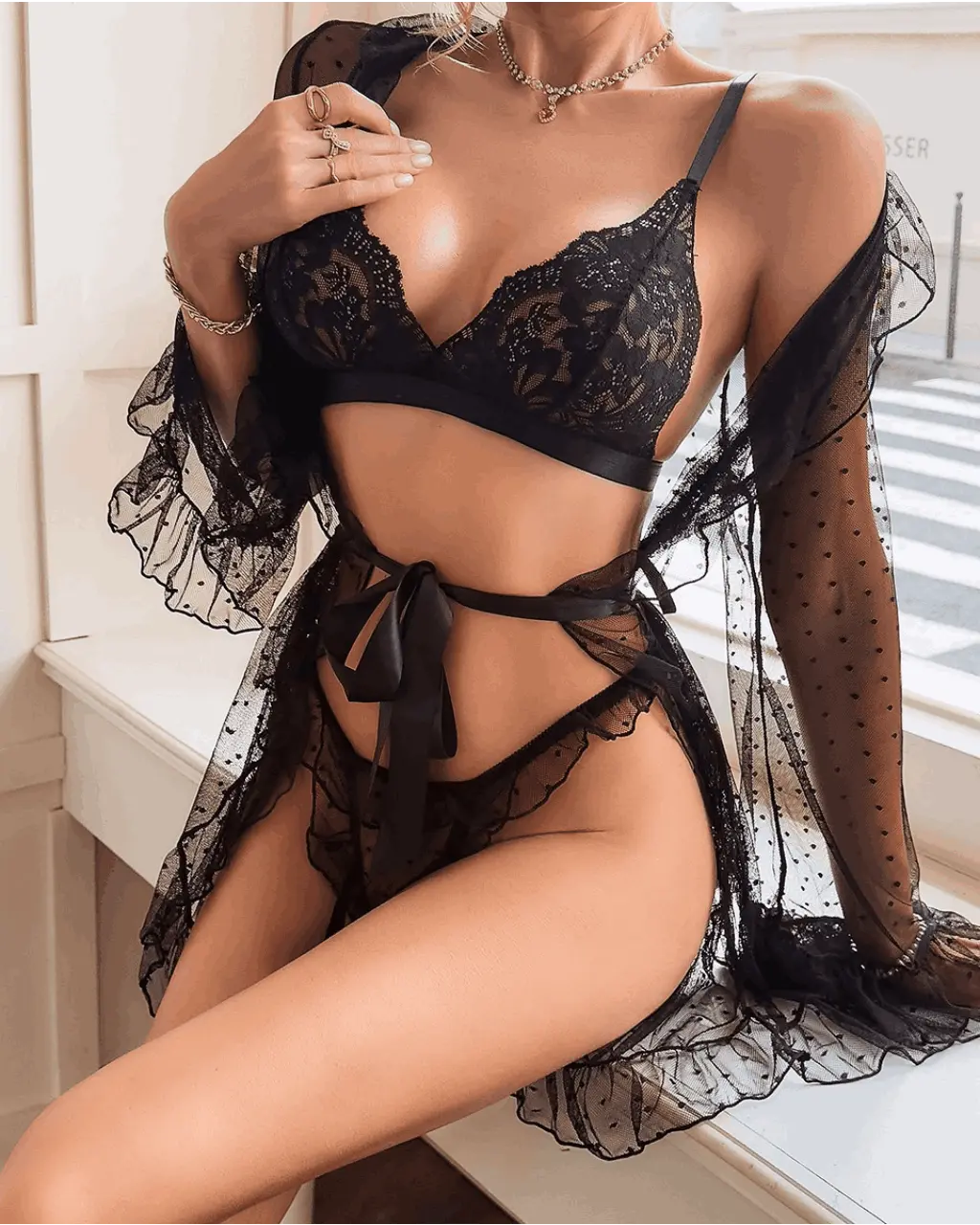 Fashion Sexy Lace Hollow Perspective 3Pcs Lingerie Set OMFORT