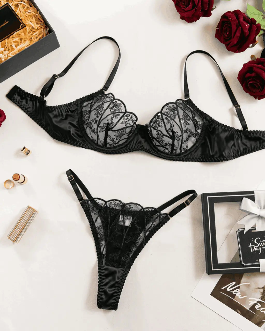 Luxury Sexy Mesh Sheer 2Pcs Lingerie Set OMFORT