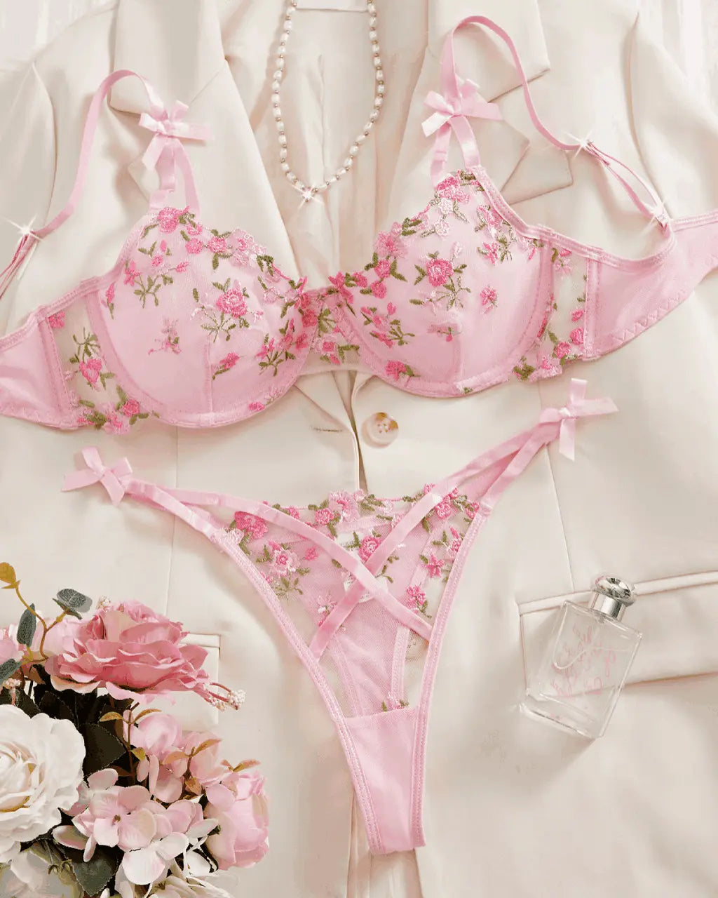 Embroidered Rose Mesh 2Pcs Lingerie Set OMFORT