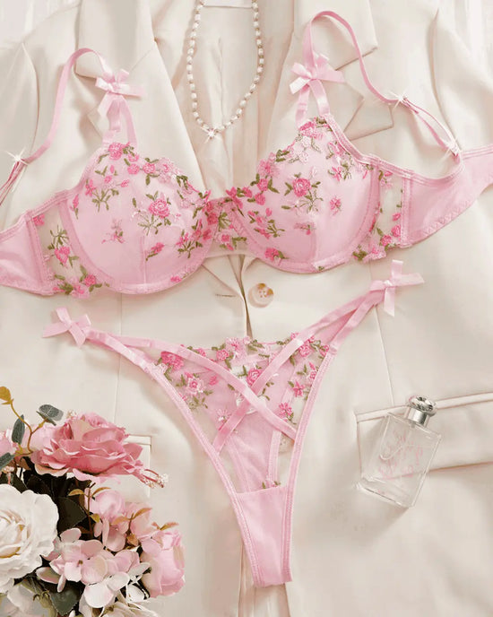 Embroidered Rose Mesh 2Pcs Lingerie Set OMFORT