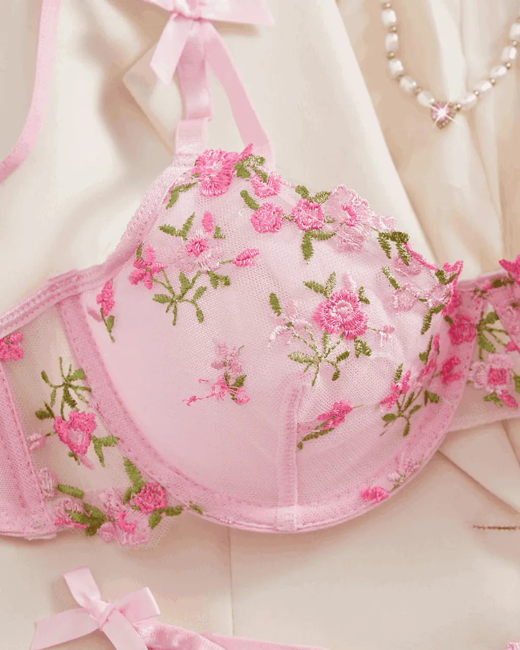 Embroidered Rose Mesh 2Pcs Lingerie Set OMFORT