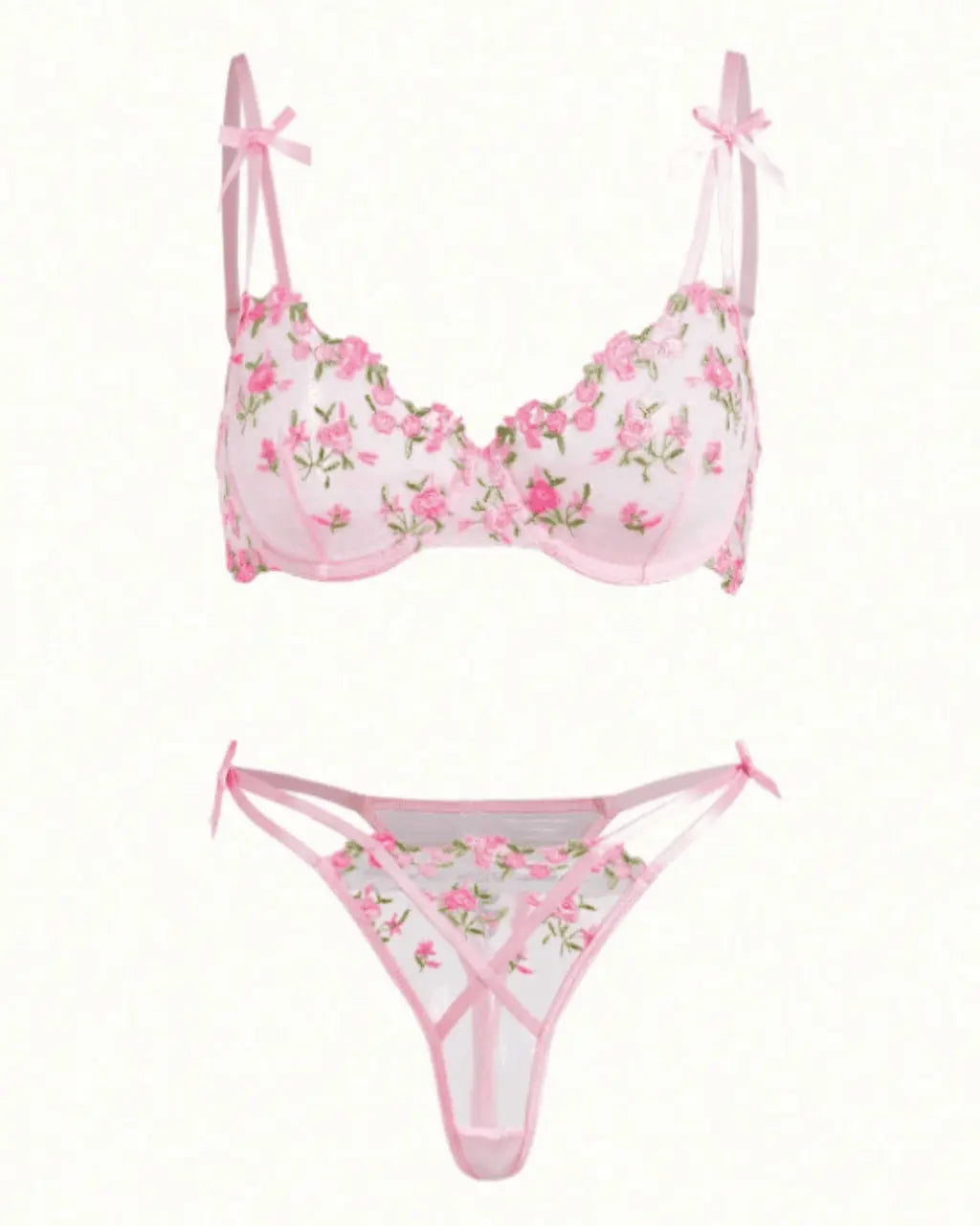 Embroidered Rose Mesh 2Pcs Lingerie Set OMFORT