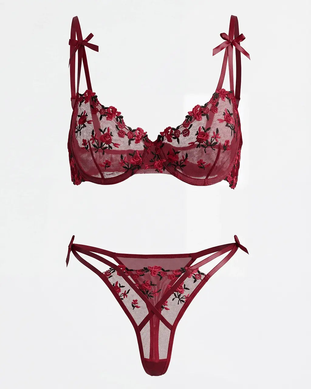 Embroidered Rose Mesh 2Pcs Lingerie Set OMFORT