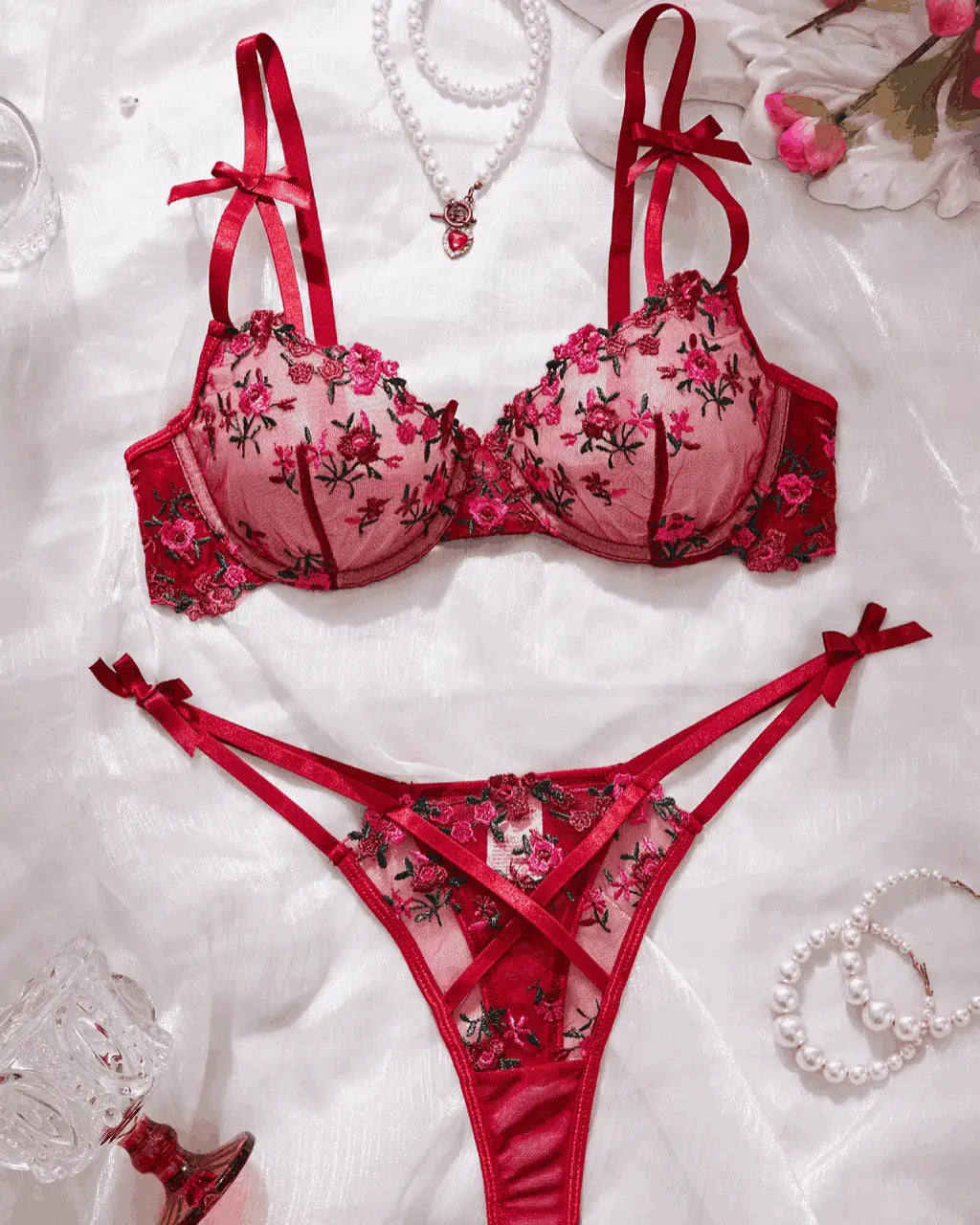 Embroidered Rose Mesh 2Pcs Lingerie Set OMFORT