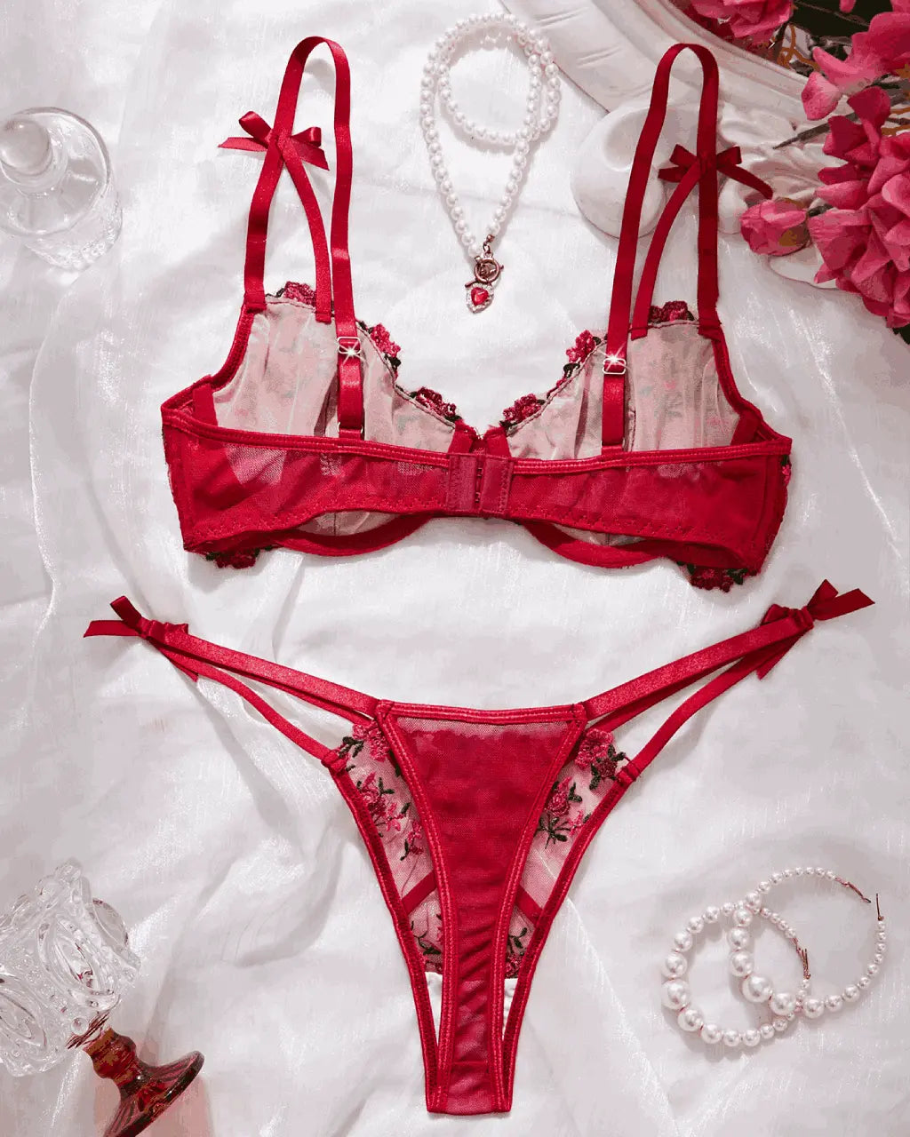 Embroidered Rose Mesh 2Pcs Lingerie Set OMFORT
