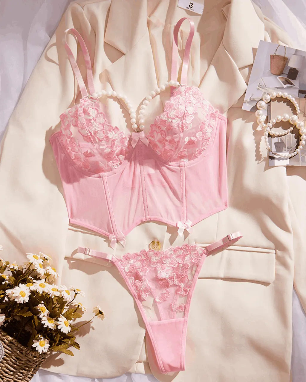 Floral Embroidery 2Pcs Lingerie Corset Set OMFORT