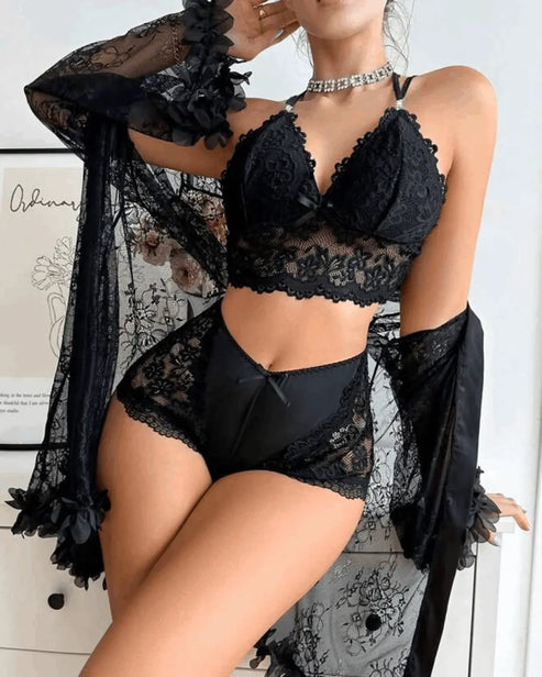 Lace Patchwork Sheer 3Pcs Lingerie Set OMFORT