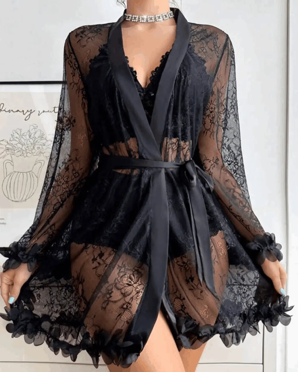 Lace Patchwork Sheer 3Pcs Lingerie Set OMFORT