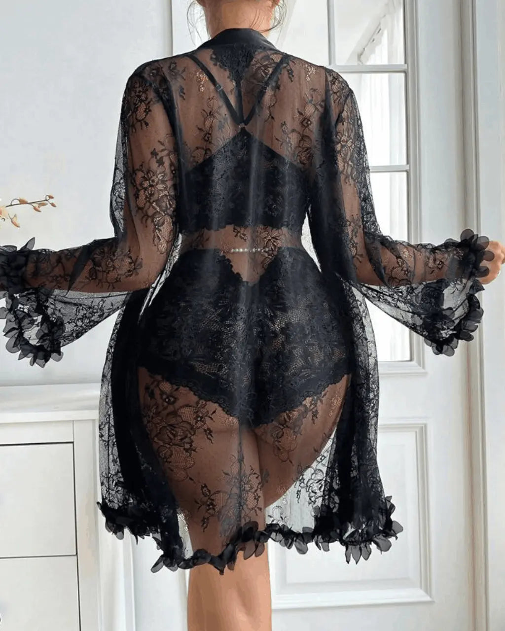 Lace Patchwork Sheer 3Pcs Lingerie Set OMFORT