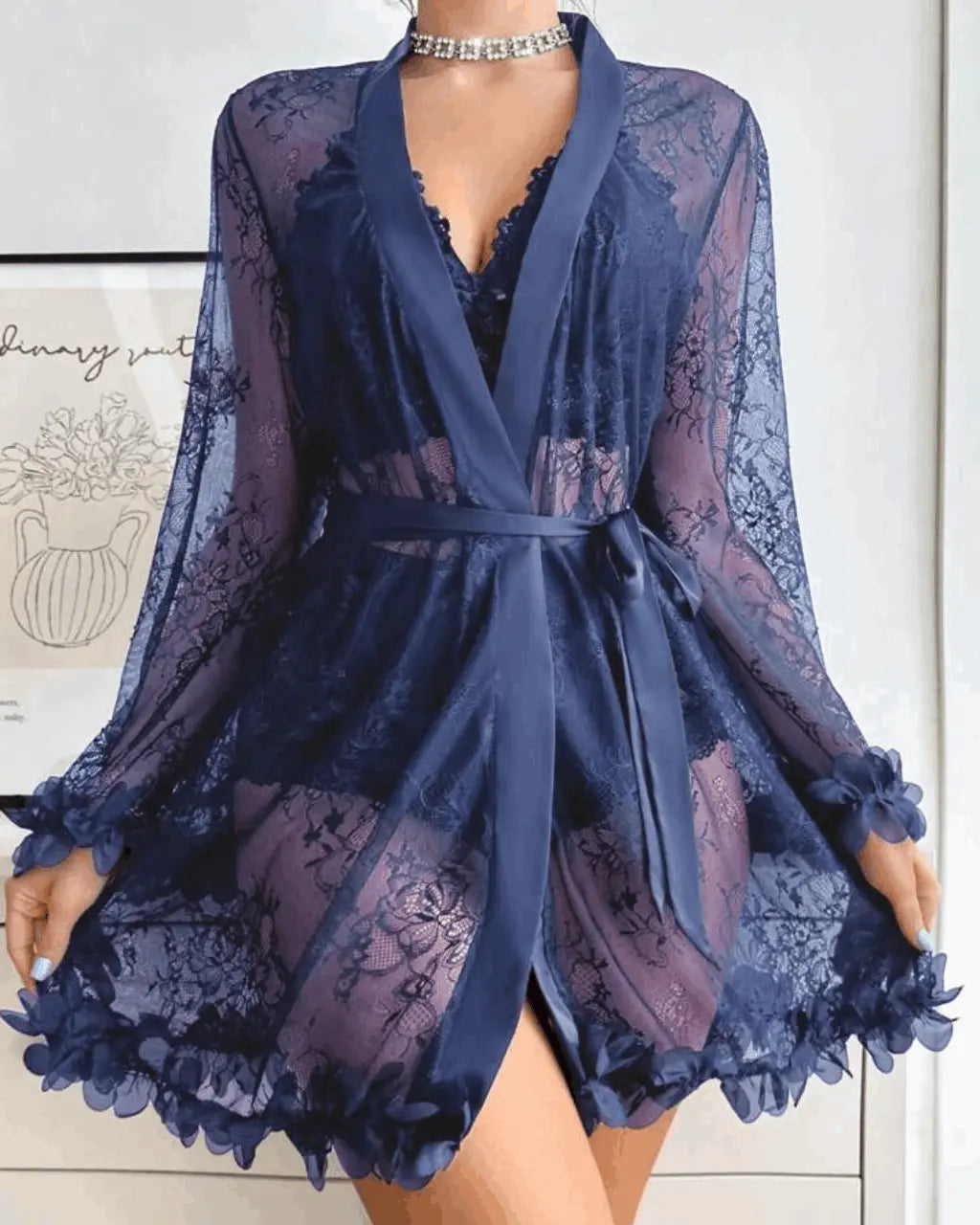 Lace Patchwork Sheer 3Pcs Lingerie Set OMFORT