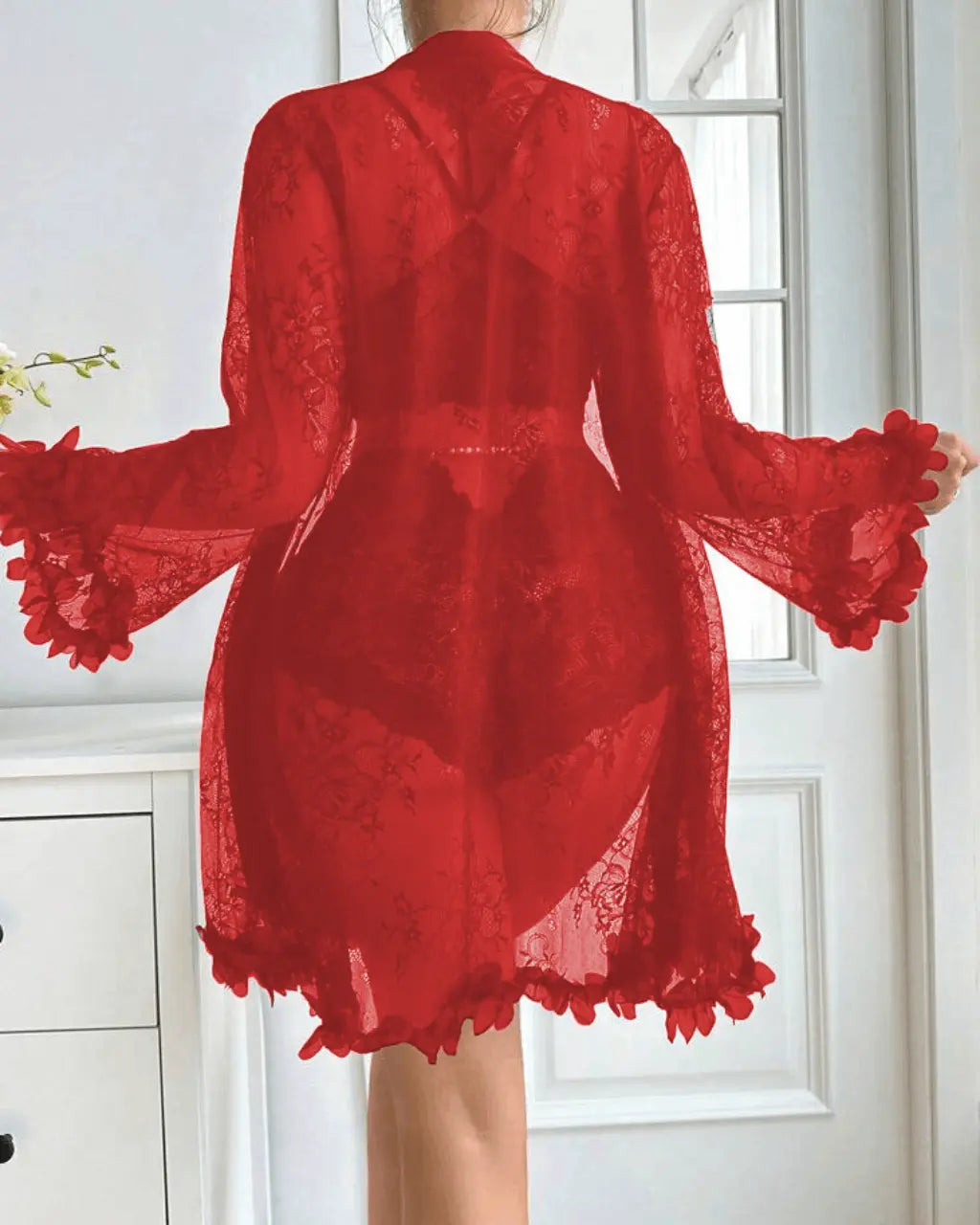 Lace Patchwork Sheer 3Pcs Lingerie Set OMFORT