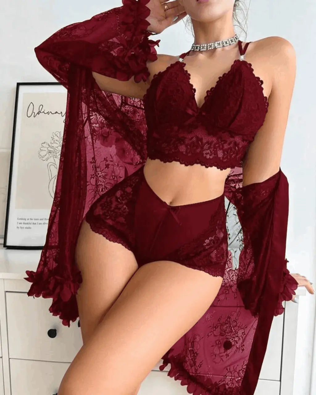 Lace Patchwork Sheer 3Pcs Lingerie Set OMFORT