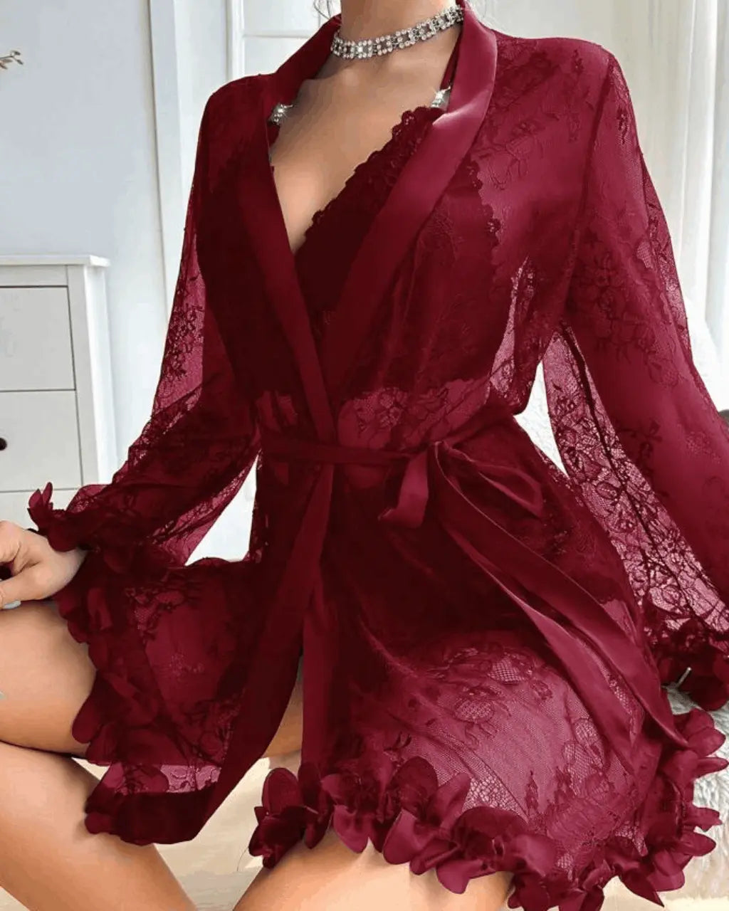 Lace Patchwork Sheer 3Pcs Lingerie Set OMFORT