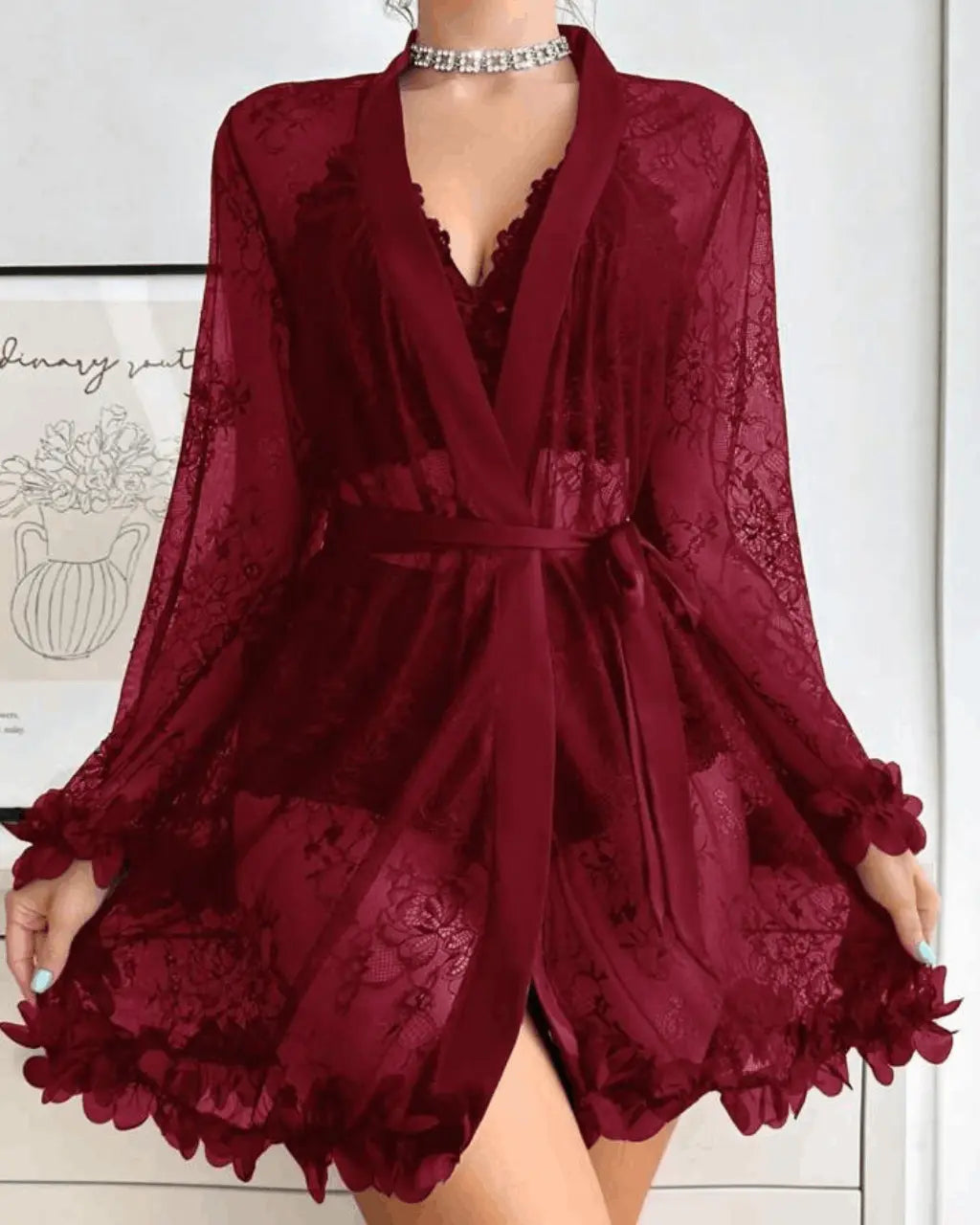 Lace Patchwork Sheer 3Pcs Lingerie Set OMFORT