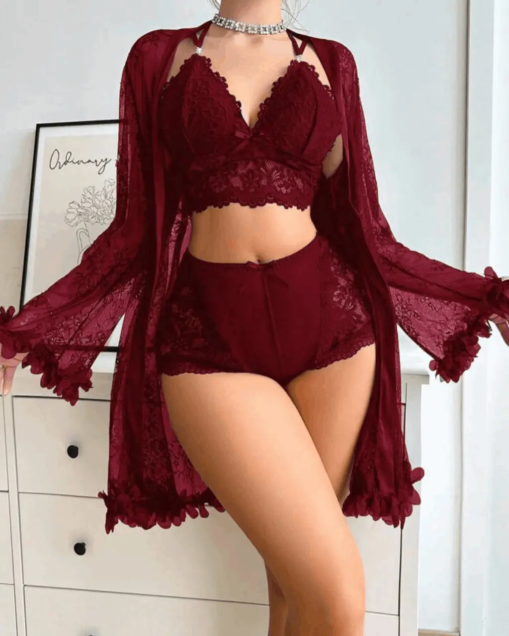 Lace Patchwork Sheer 3Pcs Lingerie Set OMFORT