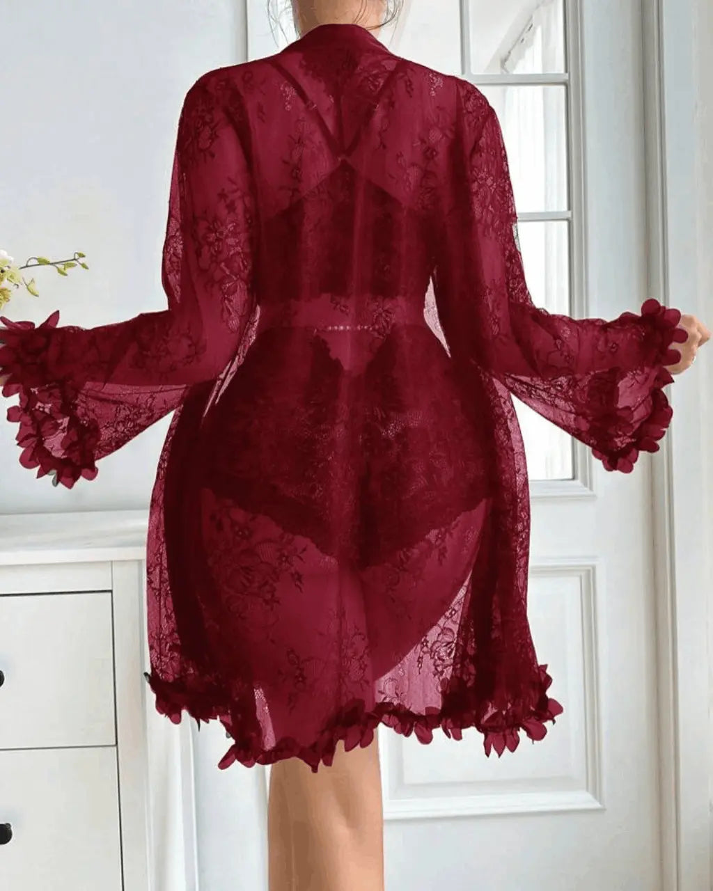 Lace Patchwork Sheer 3Pcs Lingerie Set OMFORT