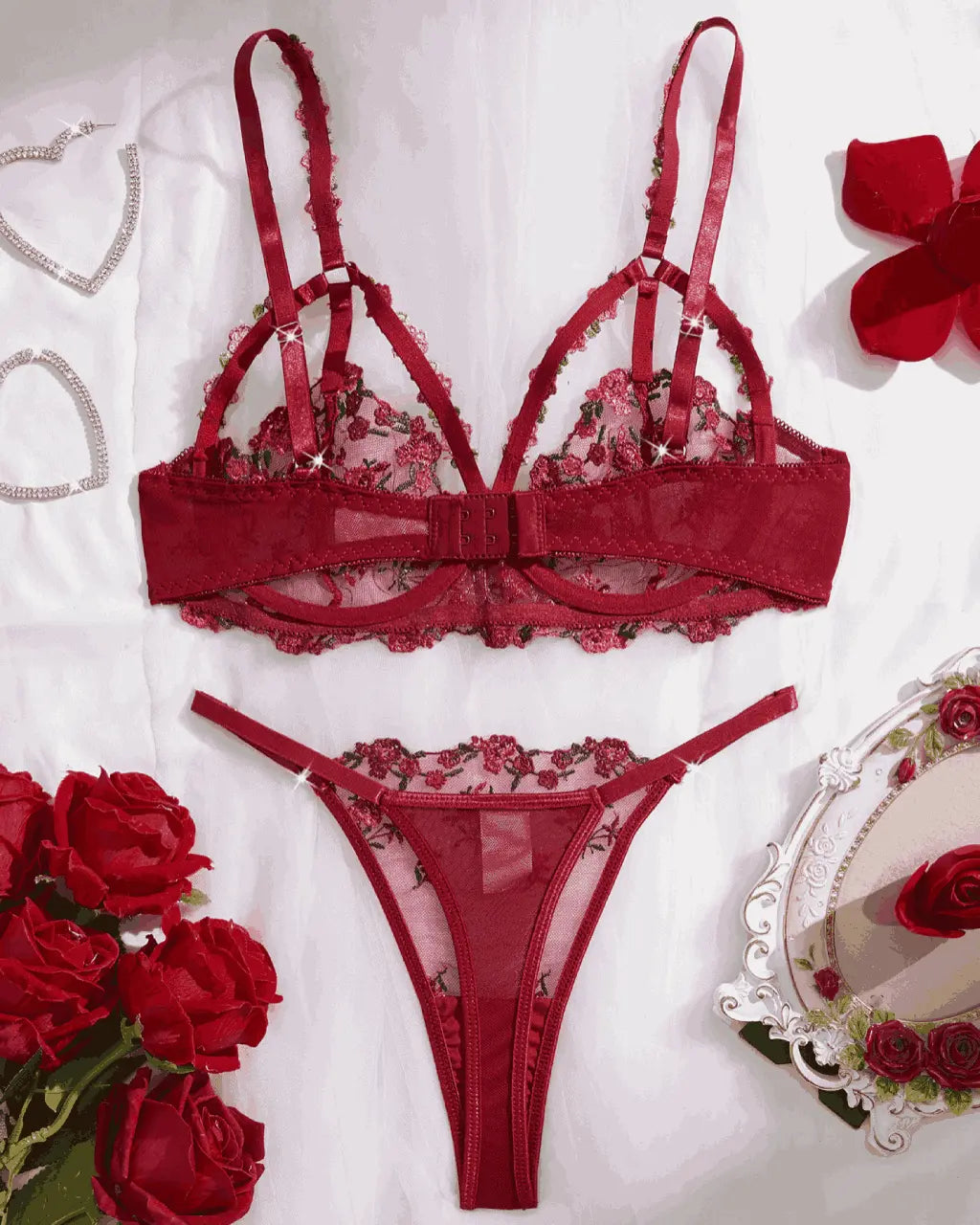 Sexy Leaf Floral Embroidered Mesh 2Pcs Lingerie Set OMFORT