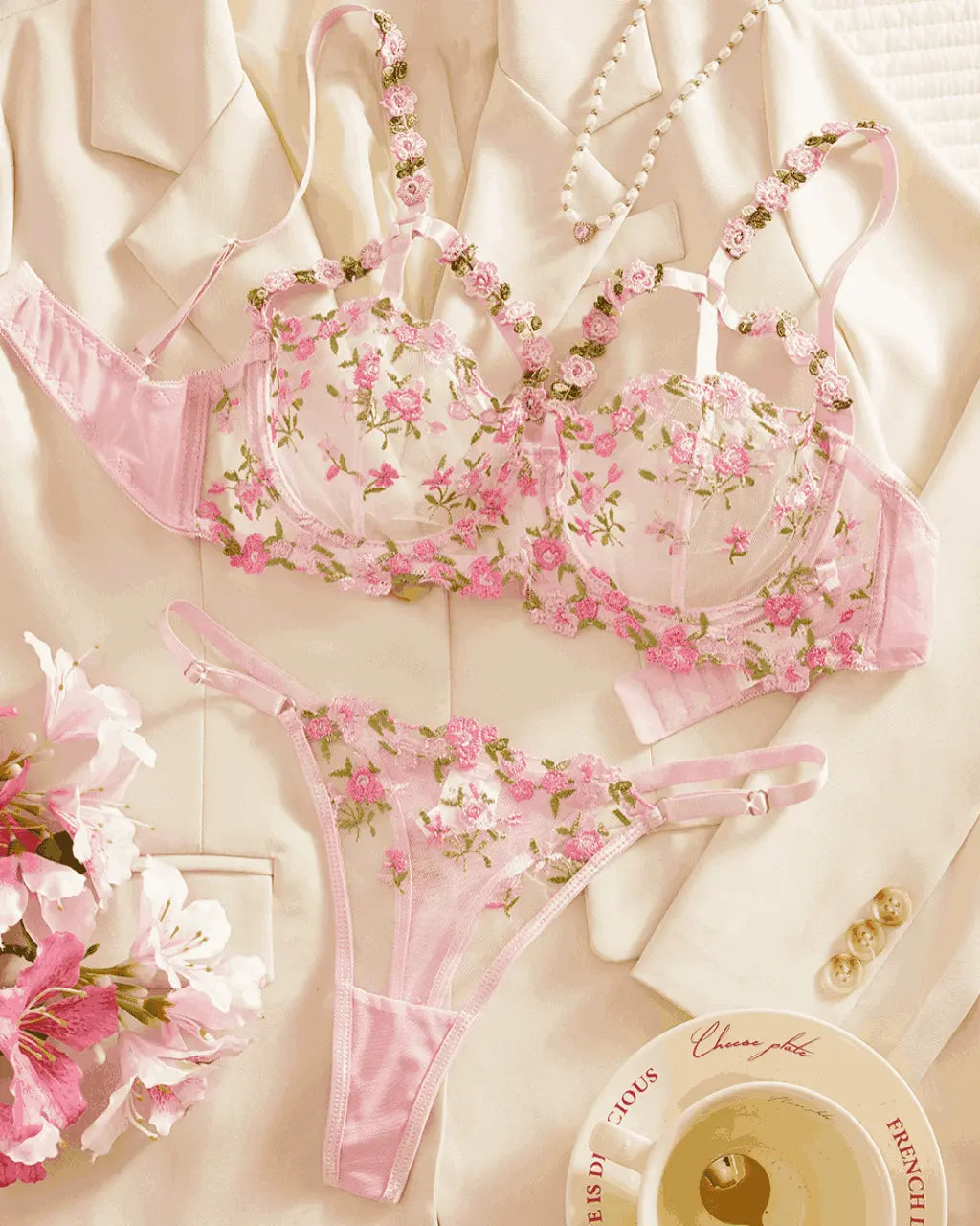 Sexy Leaf Floral Embroidered Mesh 2Pcs Lingerie Set OMFORT