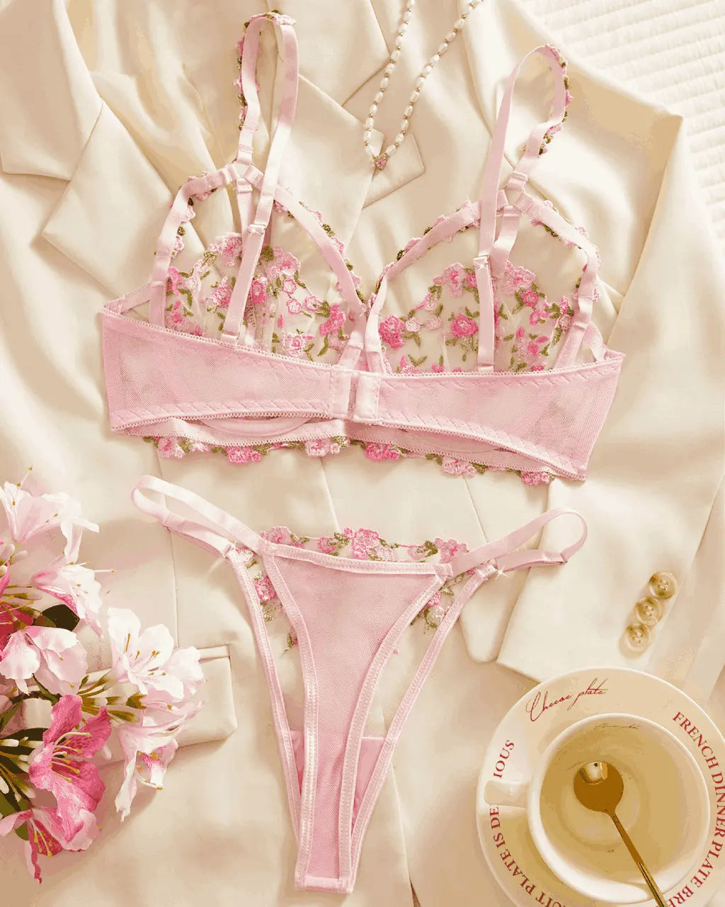 Sexy Leaf Floral Embroidered Mesh 2Pcs Lingerie Set OMFORT