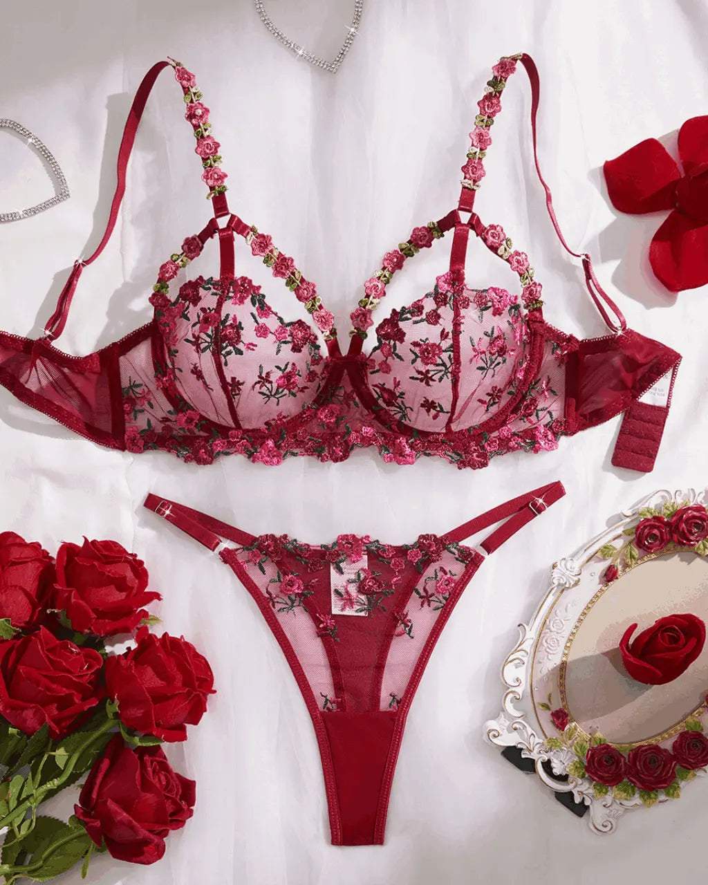 Sexy Leaf Floral Embroidered Mesh 2Pcs Lingerie Set OMFORT