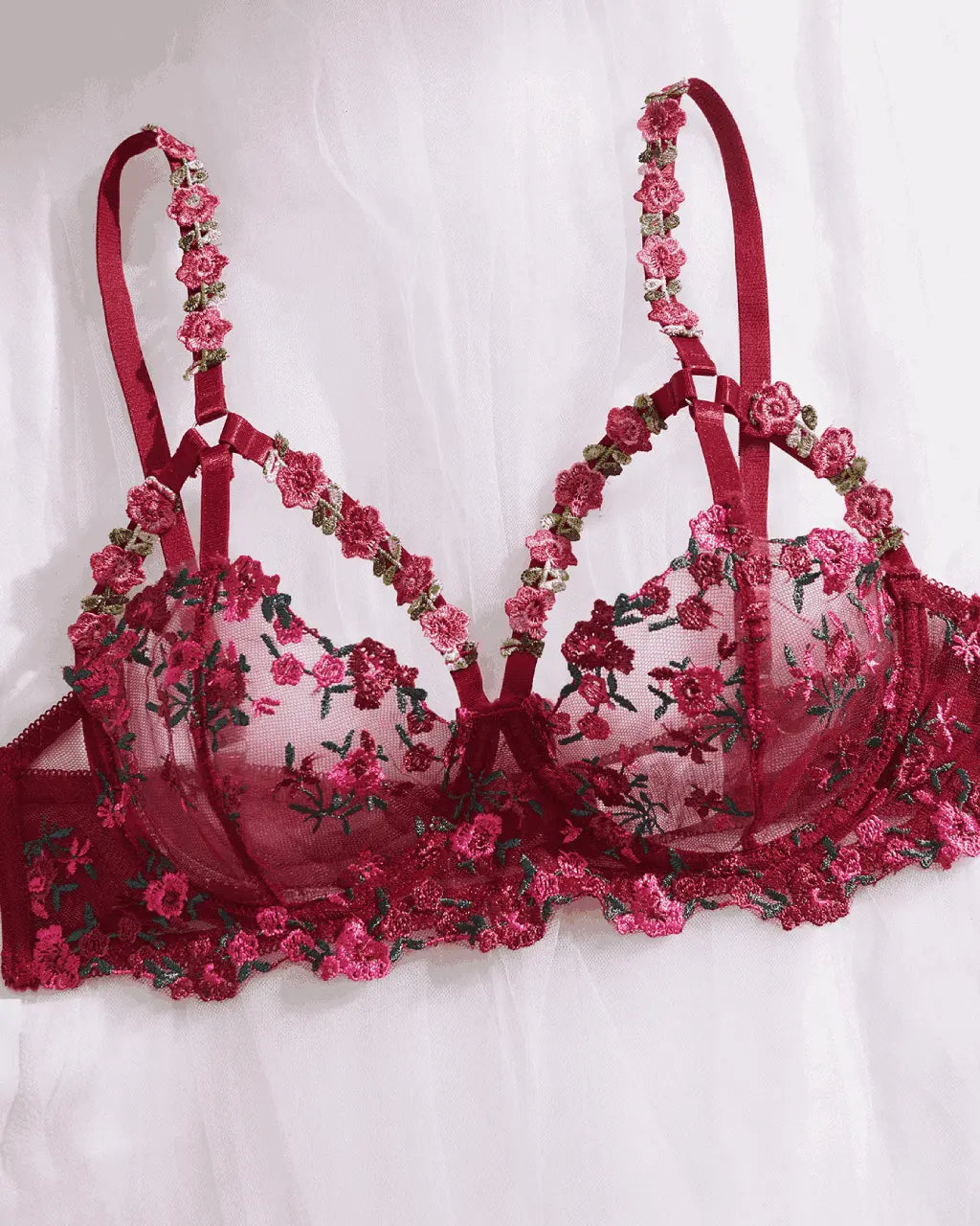 Sexy Leaf Floral Embroidered Mesh 2Pcs Lingerie Set OMFORT