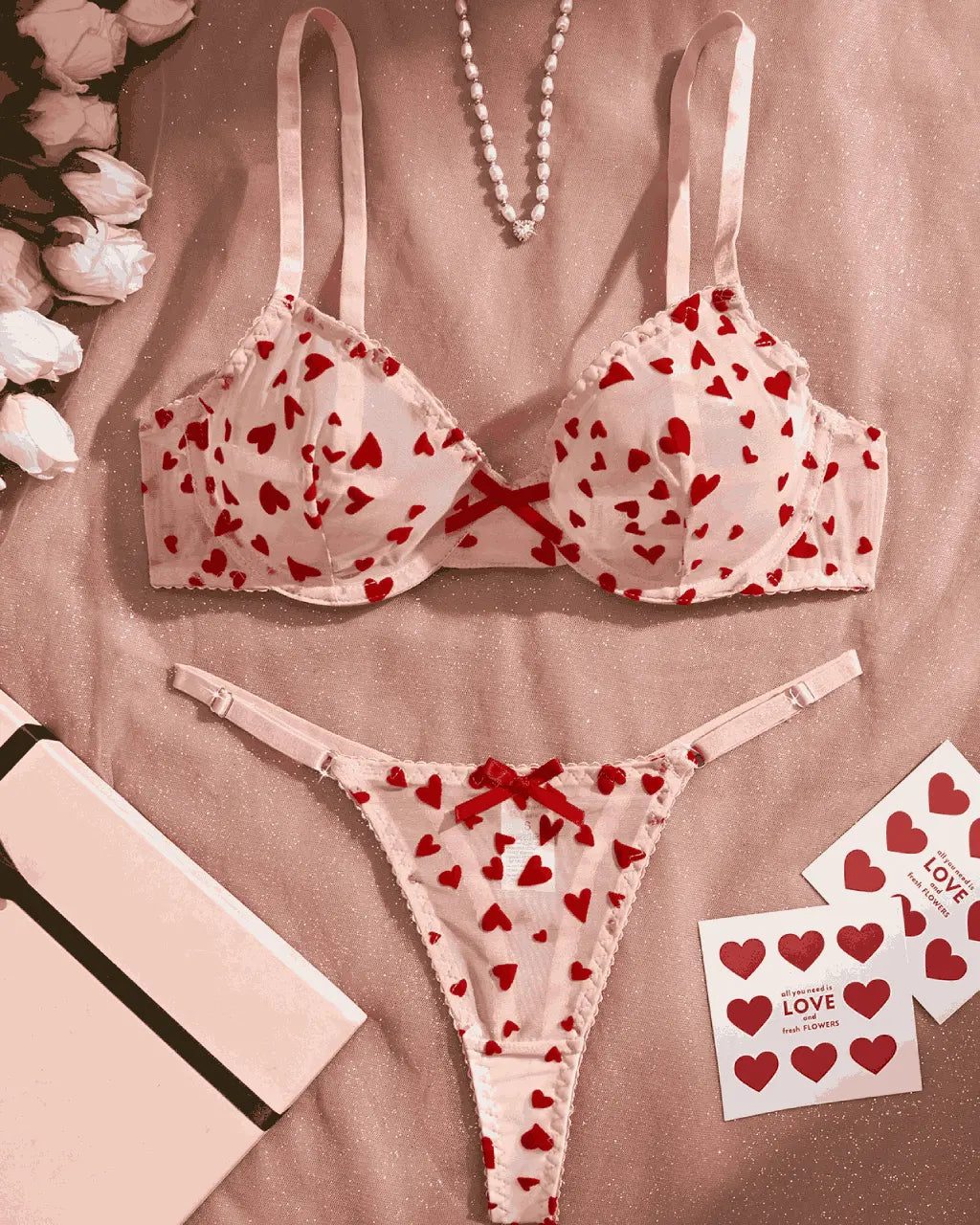 Tulle Heart Embroidered 2Pcs Lingerie Set OMFORT
