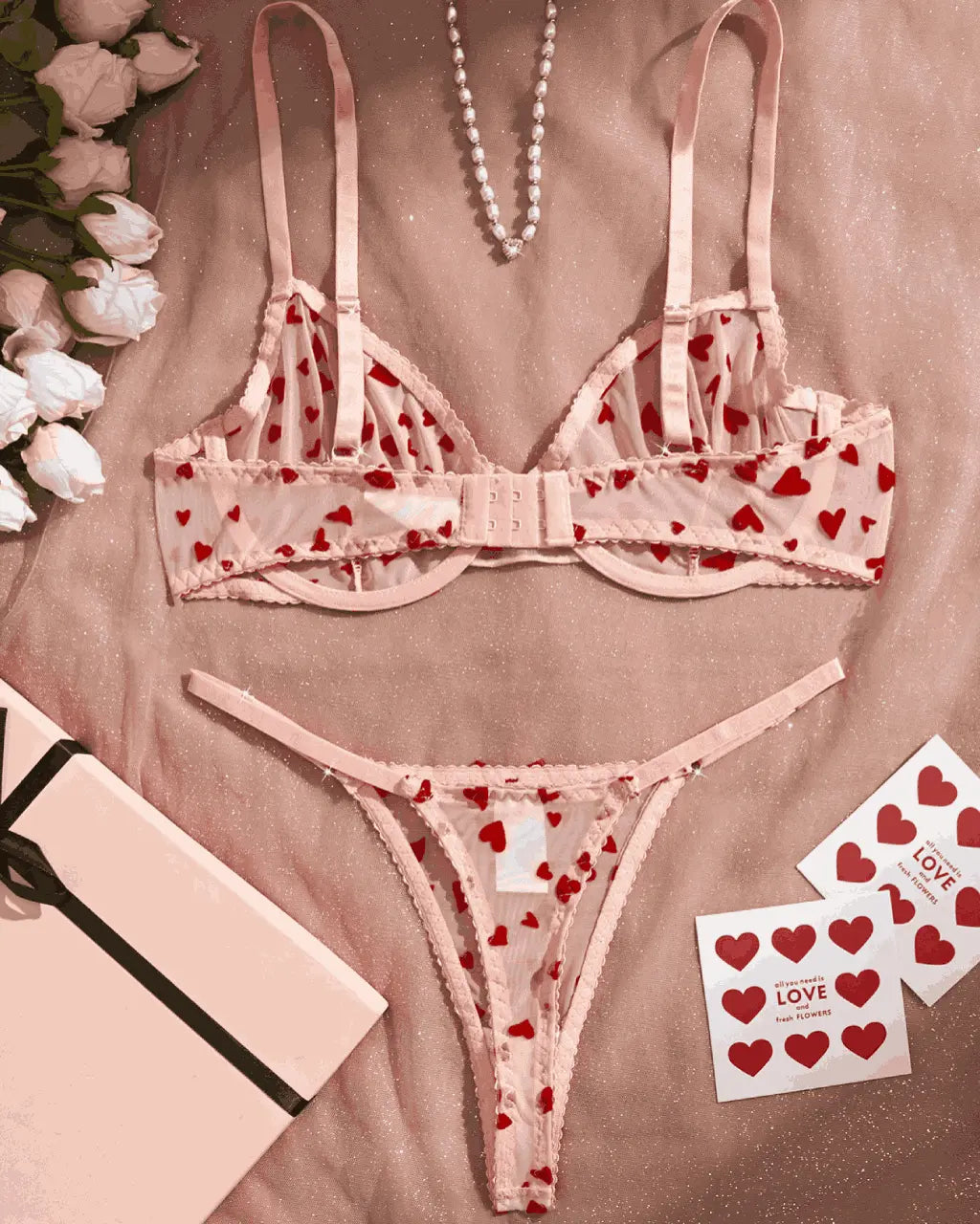 Tulle Heart Embroidered 2Pcs Lingerie Set OMFORT