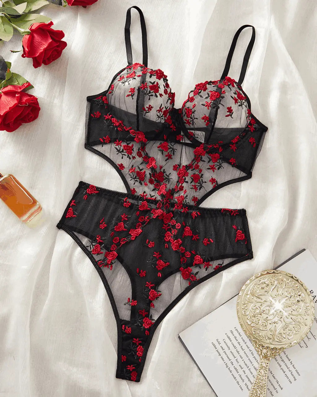 Floral Lace Embroidered Cutout 1Pcs Lingerie Set OMFORT