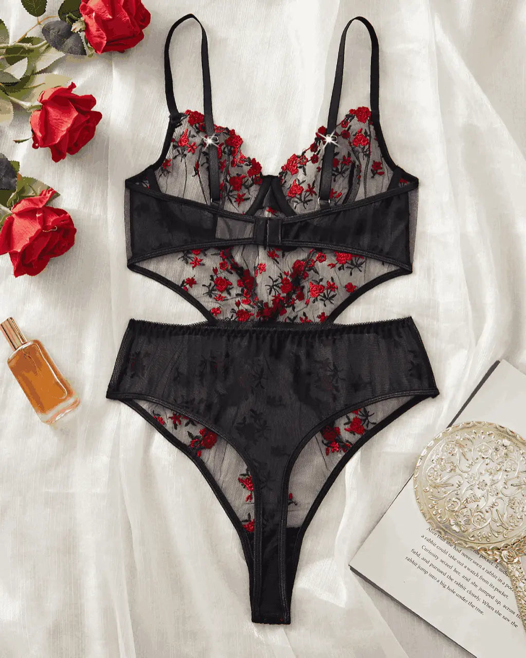 Floral Lace Embroidered Cutout 1Pcs Lingerie Set OMFORT