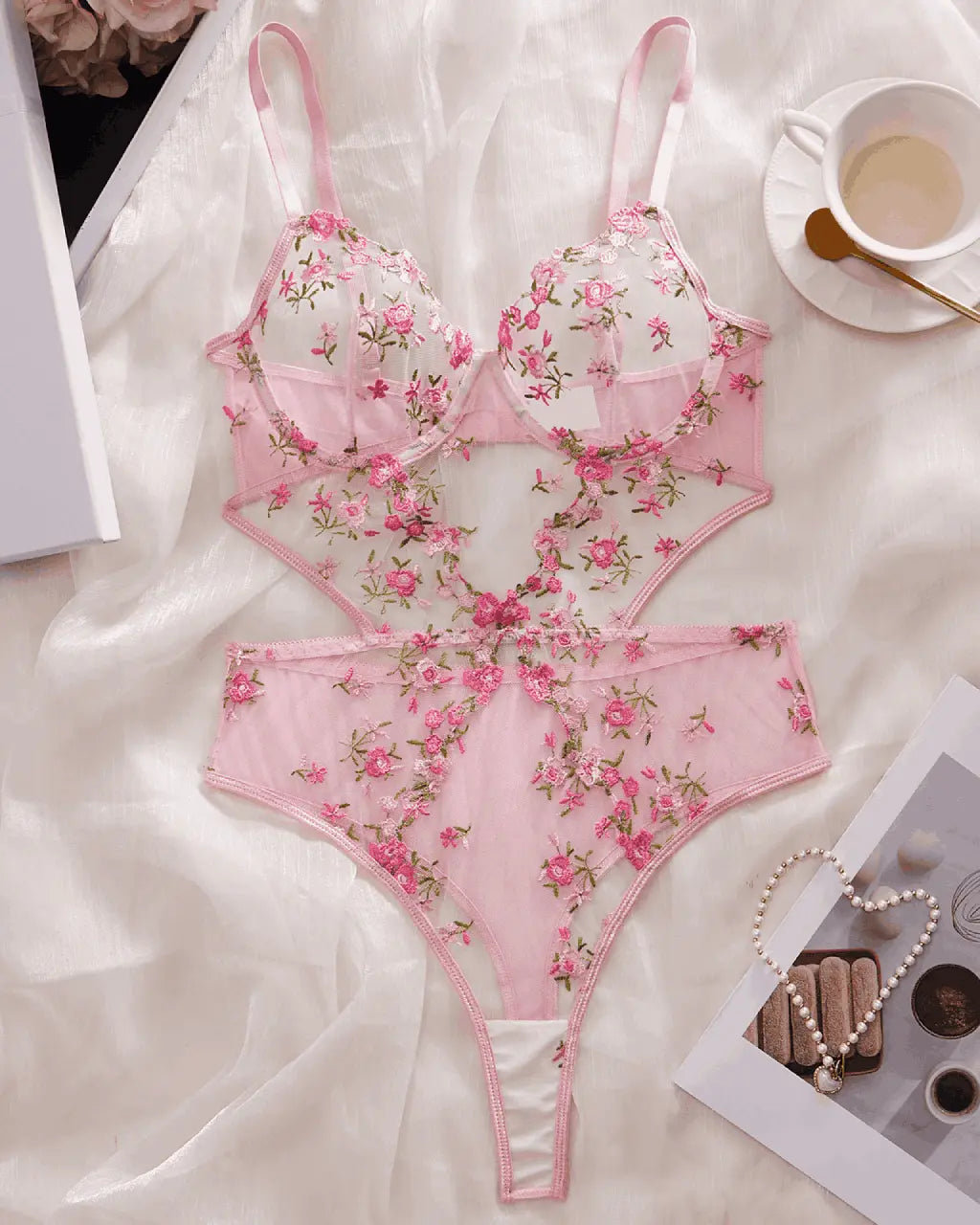 Floral Lace Embroidered Cutout 1Pcs Lingerie Set OMFORT