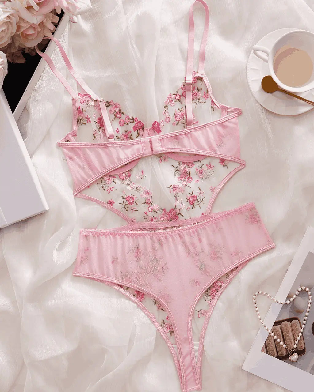 Floral Lace Embroidered Cutout 1Pcs Lingerie Set OMFORT