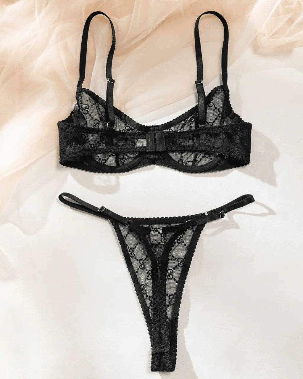 Elegant Diamond Pattern Mesh 2Pcs Lingerie Set OMFORT