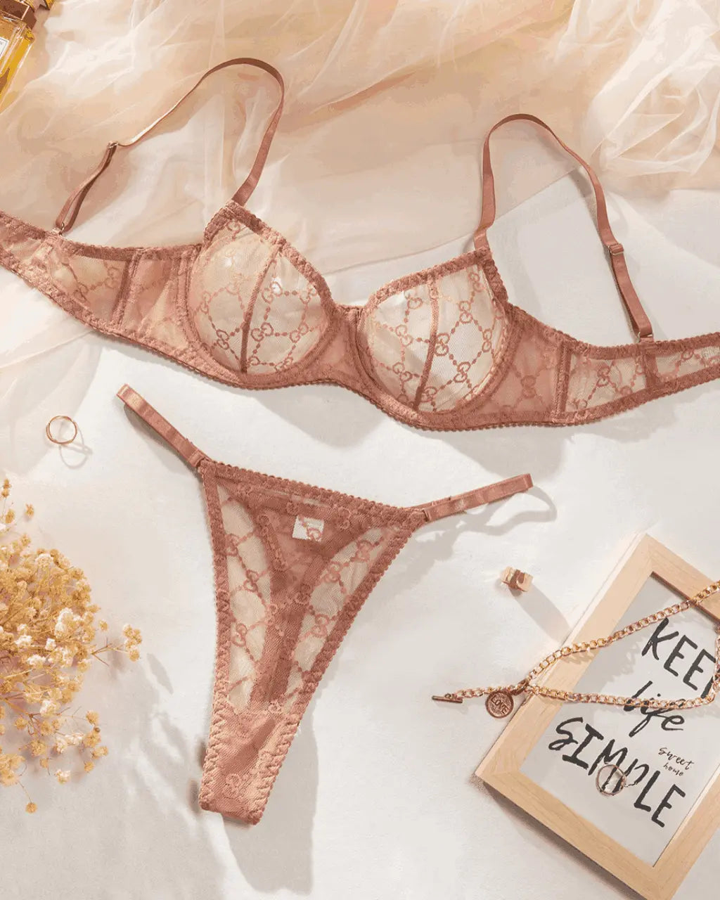 Elegant Diamond Pattern Mesh 2Pcs Lingerie Set OMFORT