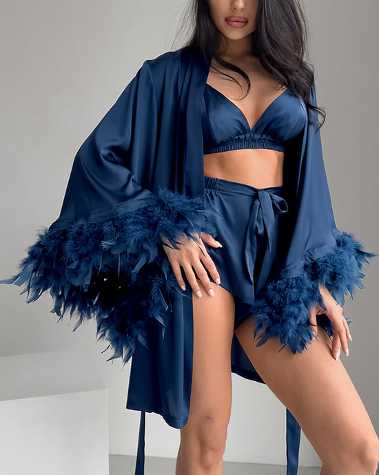 Comfortable Feather Sleeve 3Pcs Lingerie Set - OMFORT