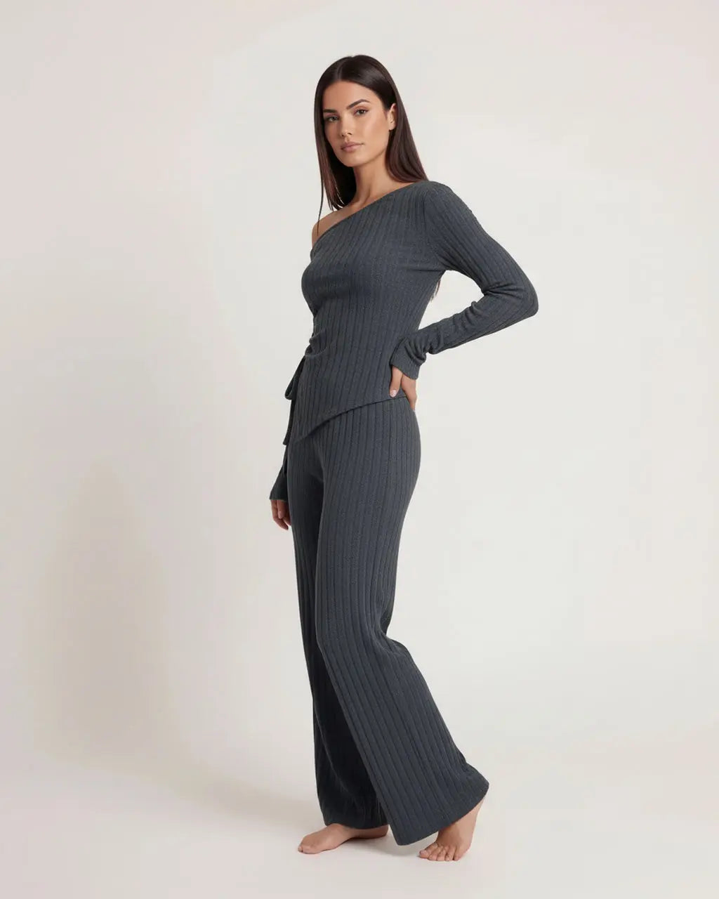 Solid Asymmetry Ribbed Knit Lounge Set OMFORT