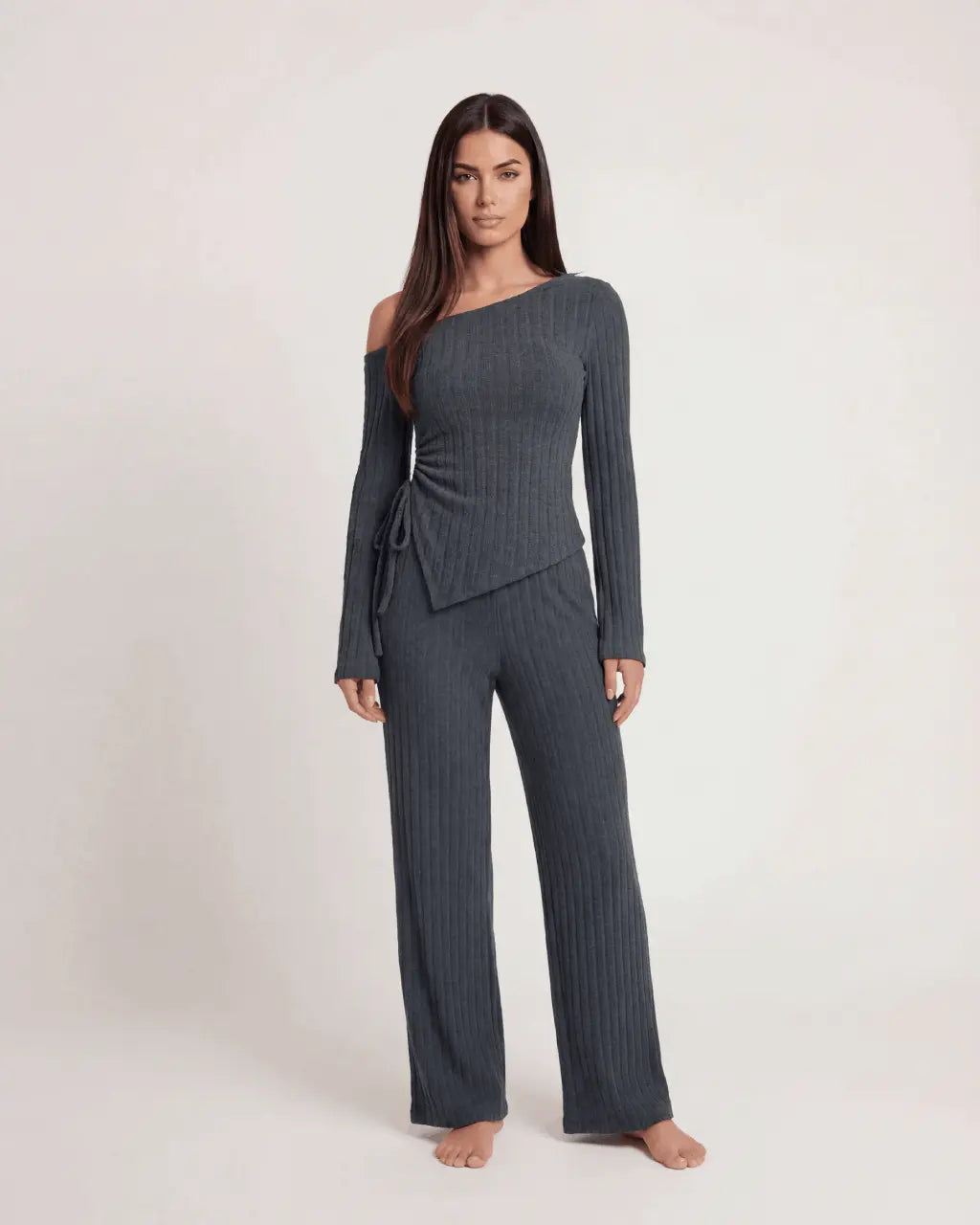 Solid Asymmetry Ribbed Knit Lounge Set OMFORT