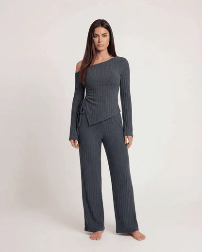 Solid Asymmetry Ribbed Knit Lounge Set OMFORT