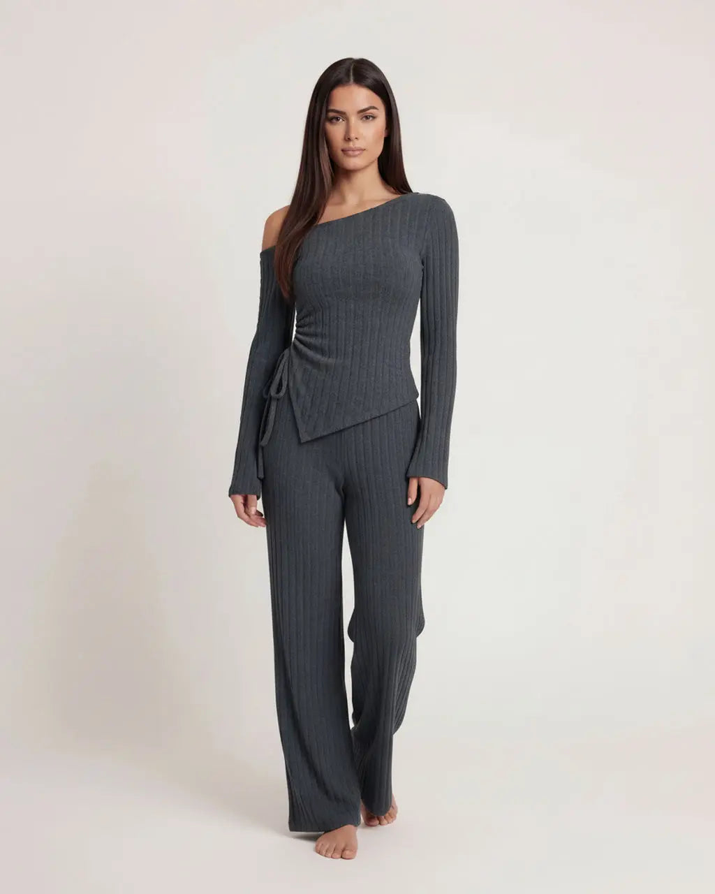 Solid Asymmetry Ribbed Knit Lounge Set OMFORT