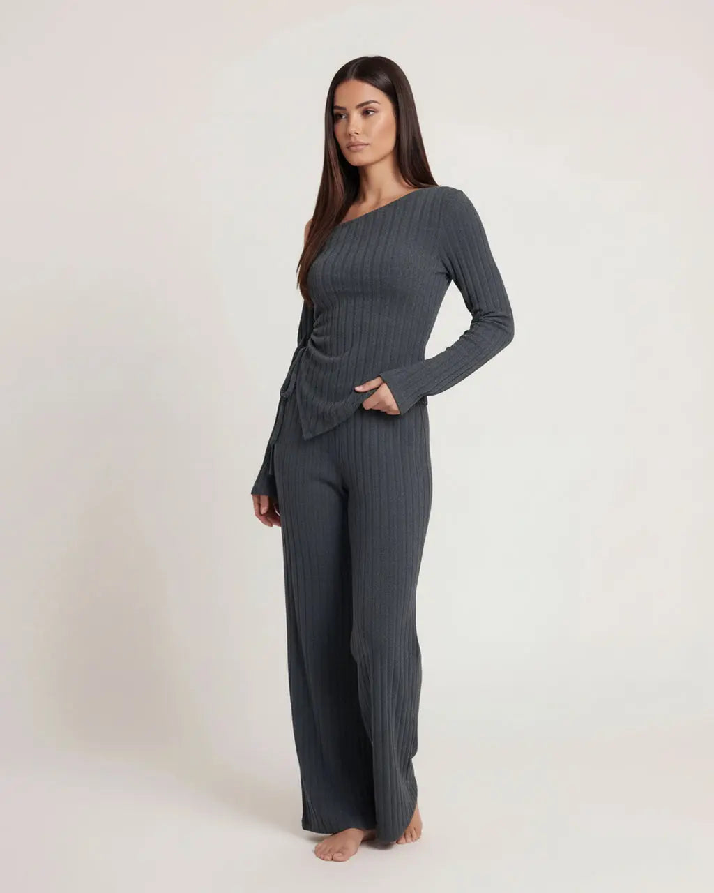 Solid Asymmetry Ribbed Knit Lounge Set OMFORT
