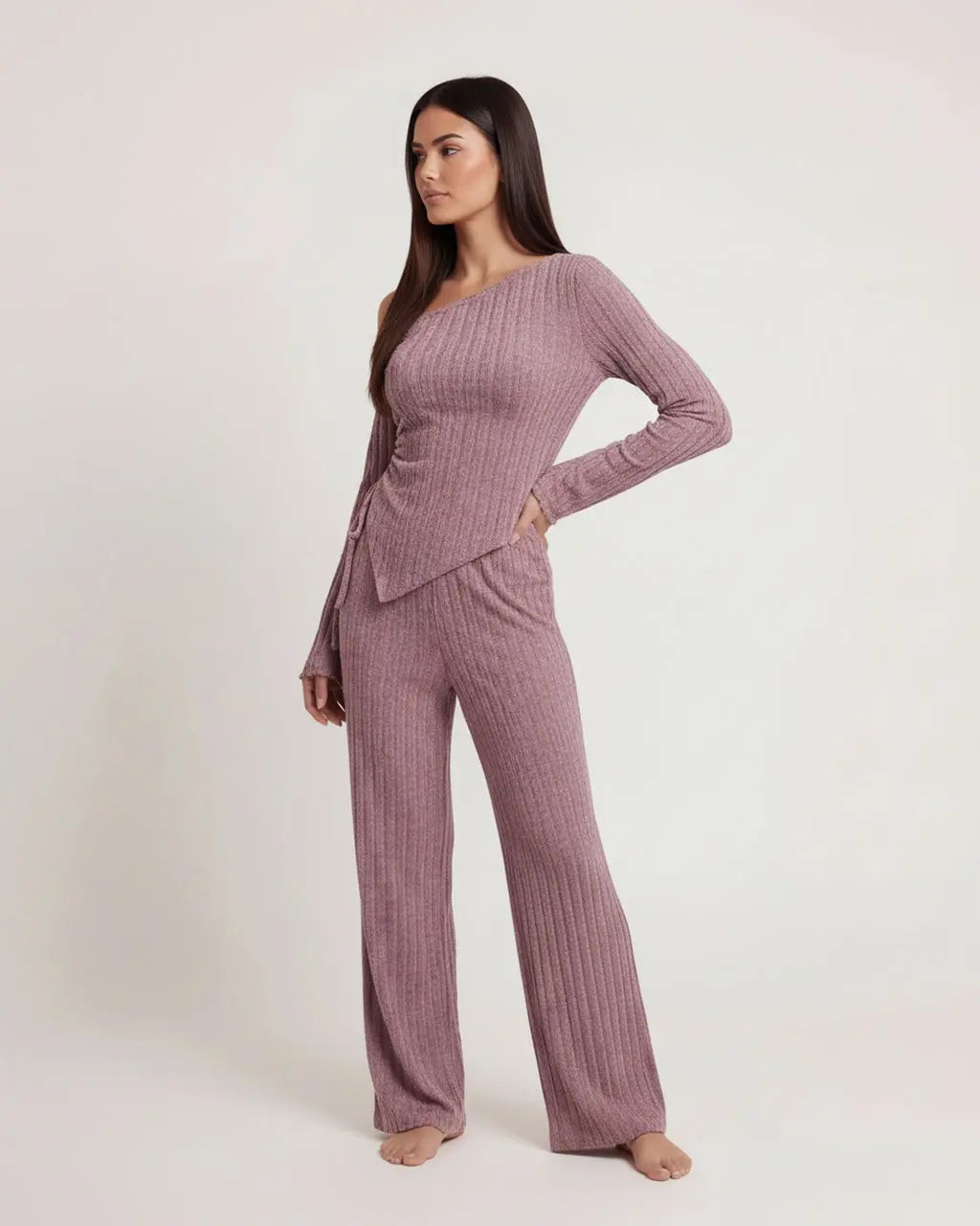 Solid Asymmetry Ribbed Knit Lounge Set OMFORT