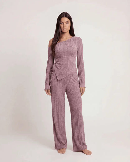 Solid Asymmetry Ribbed Knit Lounge Set OMFORT
