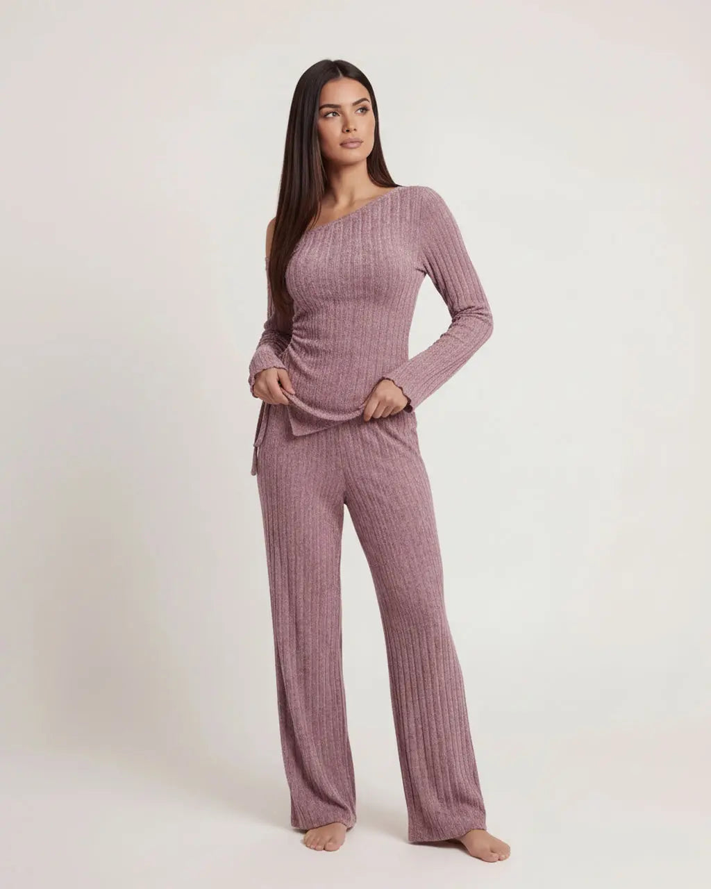 Solid Asymmetry Ribbed Knit Lounge Set OMFORT