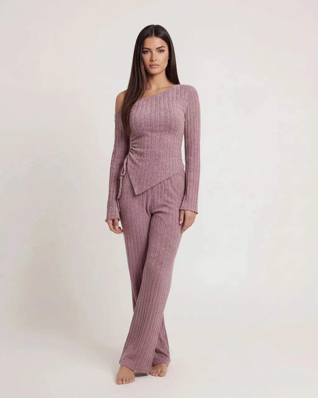 Solid Asymmetry Ribbed Knit Lounge Set OMFORT