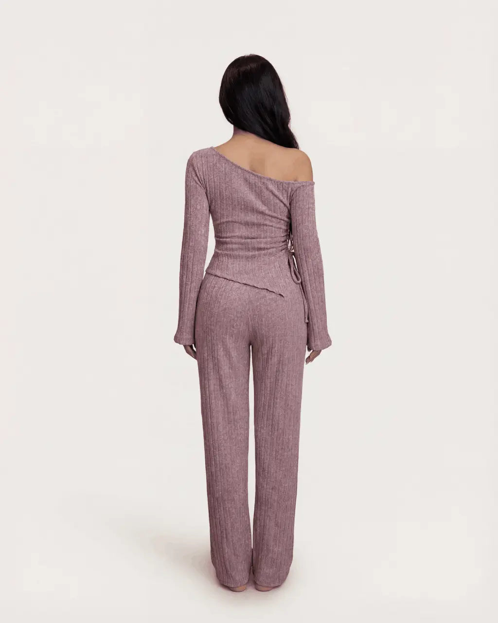 Solid Asymmetry Ribbed Knit Lounge Set OMFORT